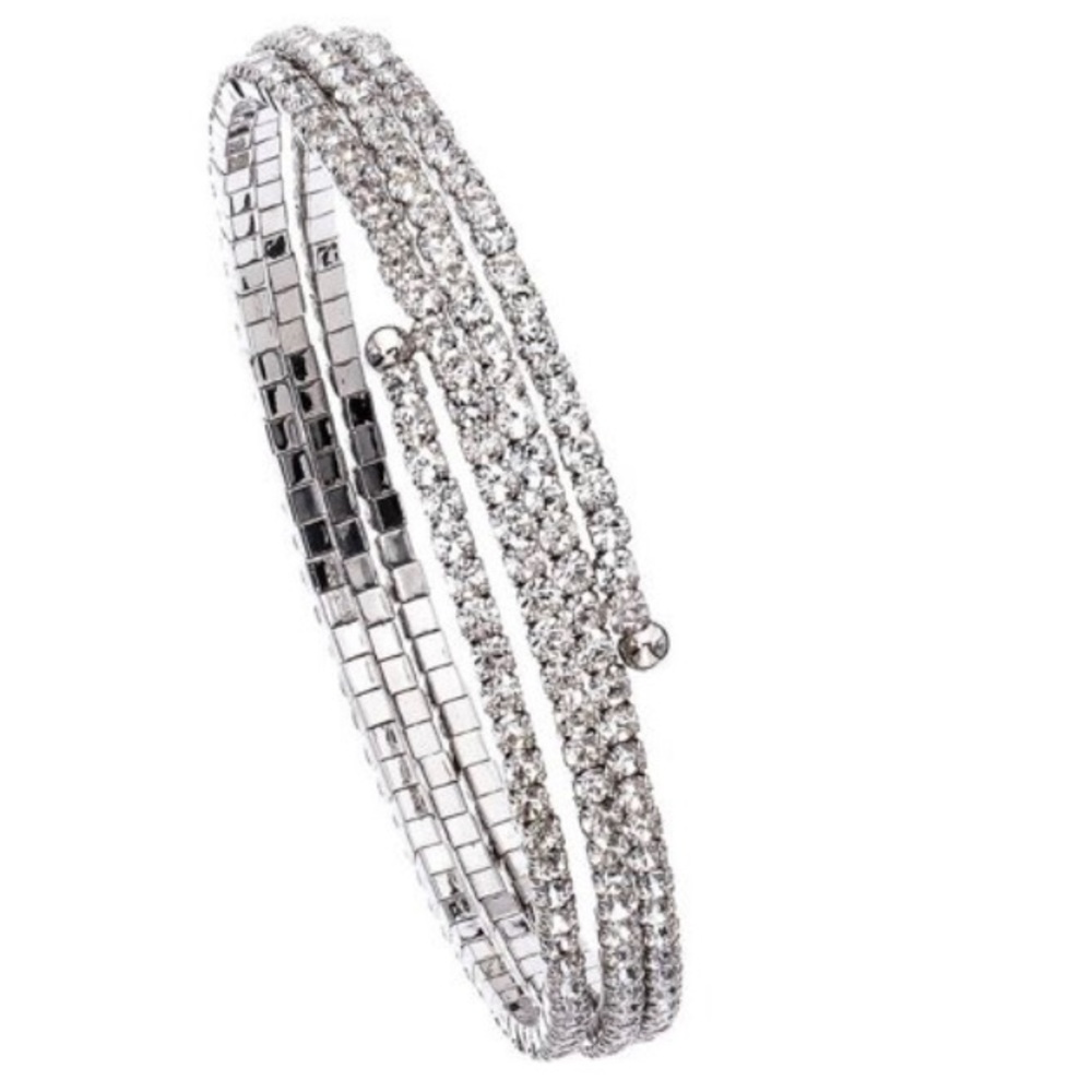 X & O Austrian Crystal Rhodium Flex Bangles- Three Bangle Set